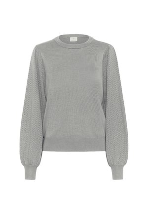 Pull gris avec un col rond, des manches ballons en tricot texturé et des bords côtelés aux poignets et à l'ourlet. Tissu doux avec une finition lisse.