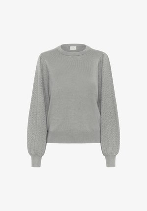 Grå sweater med rund halsudskæring, teksturerede ballonærmer og ribbede manchetter og kant. Blødt stof med en glat overflade.