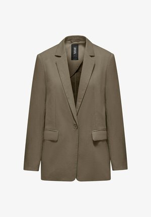 Olive green single-button blazer with notch lapels, two front flap pockets, and long sleeves, displayed on a white background.