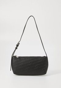 Black shoulder bag made of textured material, featuring a zip closure and a long strap. Decorated with embossed brand lettering.