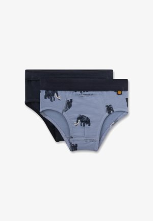 Zwei Paare Kinderunterhosen: eine marineblaue und eine hellblaue, mit schwarzen Elefantenmotiven und kontrastierenden Gummibändern. Aus dehnbarem Baumwollstoff.