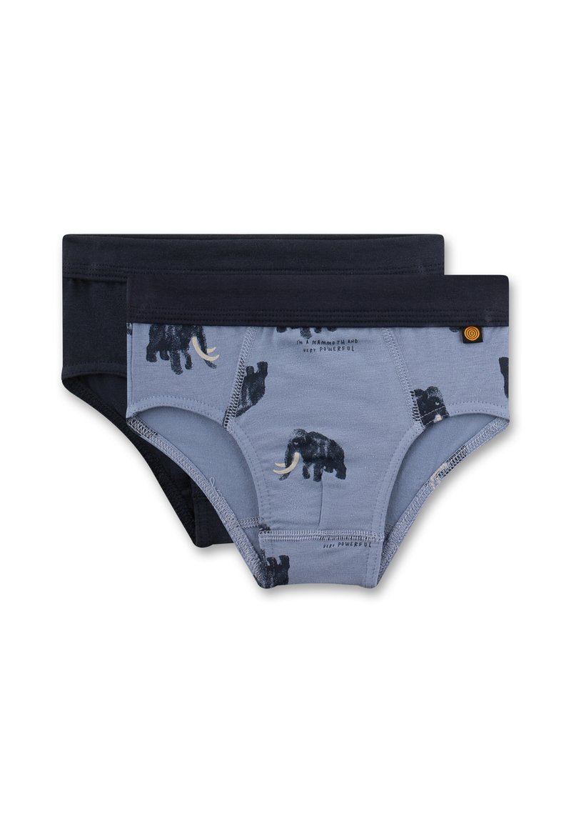 Zwei Paare Kinderunterhosen: eine marineblaue und eine hellblaue, mit schwarzen Elefantenmotiven und kontrastierenden Gummibändern. Aus dehnbarem Baumwollstoff.