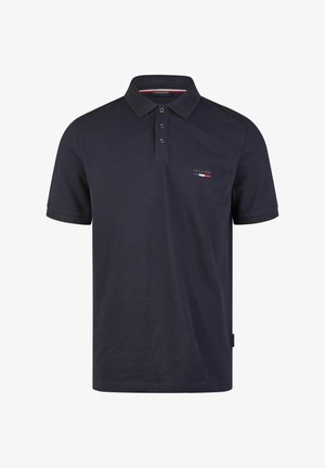 Dunkelblaues Polohemd aus Baumwolle mit einer Knopfleiste mit zwei Knöpfen, kurzen Ärmeln und einem kleinen Logodetail auf der linken Brust.