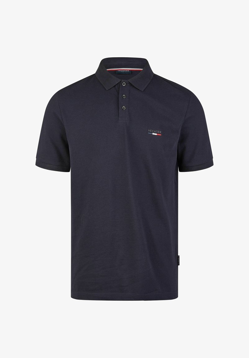 Dunkelblaues Polohemd aus Baumwolle mit einer Knopfleiste mit zwei Knöpfen, kurzen Ärmeln und einem kleinen Logodetail auf der linken Brust.