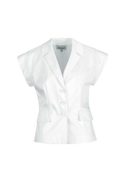 Blazer alb fără mâneci, cu guler cu crestătură, trei nasturi în față și două buzunare cu clapetă, mărimea mică.