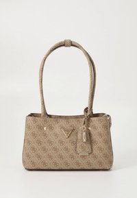 Μπεζ τσάντα tote με σχέδιο, δύο λαβές, εξαρτήματα σε χρυσό τόνο και διακοσμητικό φυλαχτό. Διαθέτει έμβλημα λογότυπου στο μπροστινό μέρος.