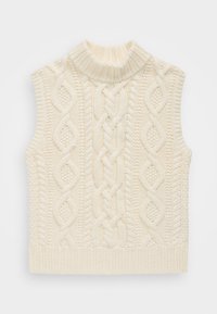 Gilet senza maniche di maglia color crema con colletto alto a coste, motivo a treccia e dettagli texture in tutto il tessuto.