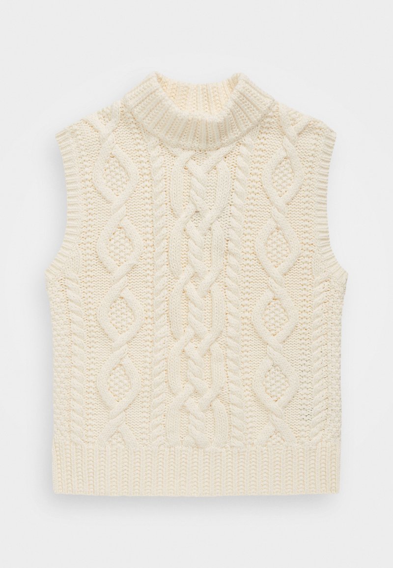 Gilet senza maniche di maglia color crema con colletto alto a coste, motivo a treccia e dettagli texture in tutto il tessuto.