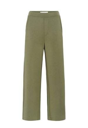 Pantalon olive à jambes larges avec taille haute et détails subtils de coutures devant, fabriqué en tissu texturé.