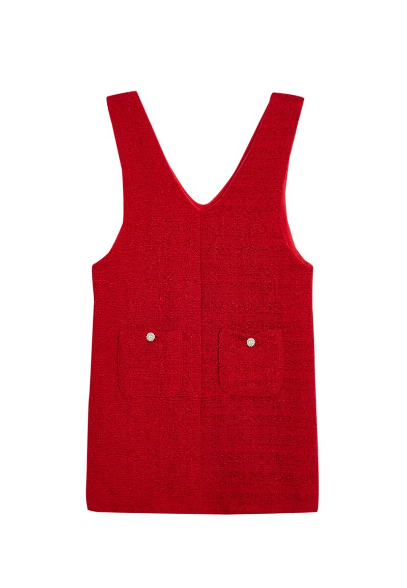 Rotes ärmelloses Kleid mit V-Ausschnitt, strukturiertem Stoff, zwei Fronttaschen mit metallischen Akzenten und gerader Form.