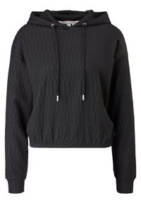 Sudadera negra cortada hecha de tejido texturizado, con capucha ajustable, mangas largas y elástico en el dobladillo para un aspecto entallado.
