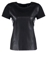 Haut noir manches courtes pour femme avec panneau avant en similicuir et manches en tissu, col rond, et petite fermeture éclair au dos.