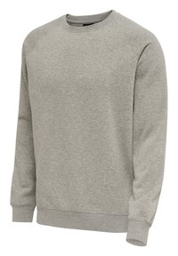 Grauer Pullover aus weichem Baumwollmix, mit Rundhalsausschnitt, Raglanärmeln und gerippten Bündchen und Saum. Glatte Textur.