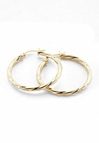 Pendientes de aro en tono dorado con un diseño entrelazado. Tienen una superficie brillante y cuentan con un cierre seguro para facilitar su uso.