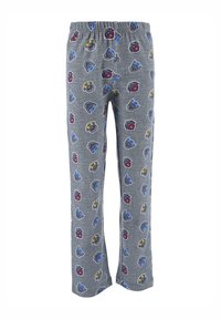 Szare spodnie piżamowe z elastycznym paskiem w pasie, z kolorowym powtarzającym się wzorem w postaci rysunków psów w odcieniach niebieskiego, czerwonego i żółtego.