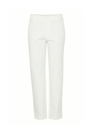 Pantalon blanc ajusté à jambe droite, devant plat, poches latérales et passants pour ceinture, présenté sur fond uni.