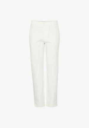 Pantalones blancos entallados con corte recto, parte delantera lisa, bolsillos laterales y trabillas para cinturón, mostrados sobre un fondo liso.