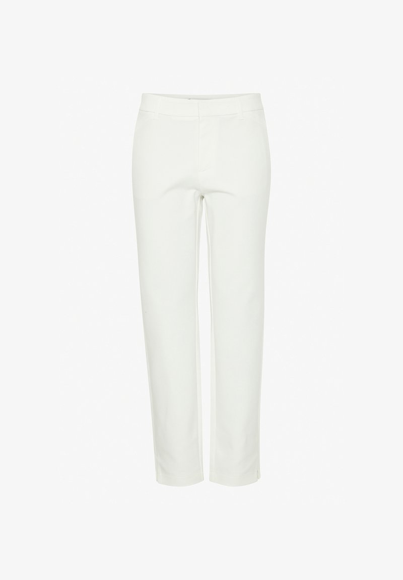 Pantalon blanc ajusté à jambe droite, devant plat, poches latérales et passants pour ceinture, présenté sur fond uni.
