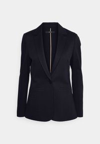 Blazer negro ajustado con solapa muesca, cierre de un botón y bolsillos laterales. Tejido suave y diseño estructurado.