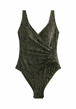 Costume intero verde oliva con scollo a V, dettagli arricciati e un sottile motivo nero. Legatura laterale regolabile con accenti dorati.