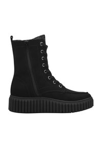 Botte haute noire avec semelle épaisse à rainures, devant à lacets, fermeture éclair sur le côté et languette à l'arrière.