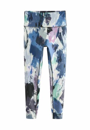 Leggings with an abstract paint pattern in blues, greens, and purples. Made of stretchy fabric, featuring a wide waistband and smooth texture.