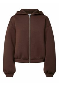Felpa con zip di colore marrone, realizzata in tessuto texturizzato. Presenta un cappuccio, spalle drop e polsini ed orlo elasticizzati per una vestibilità rilassata.