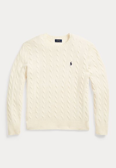 Kreemivärviline soonikkoes kampsun pikkade varrukatega ja paremal rinnal Polo Ralph Laureni logo tikandiga.