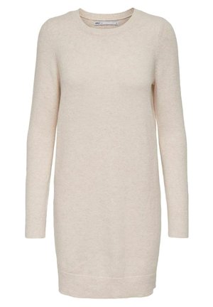Duga rukava, pulover haljina s okruglim izrezom od mekanog bež pletiva, s blago opuštenim krojem i rebrastim detaljem na rubu.