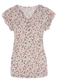 Blumenbluse mit kurzen Rüschensleeves, V-Ausschnitt, cremefarbener Grund, pinker und grüner Blumenprint, drei Keramikknöpfe vorne.