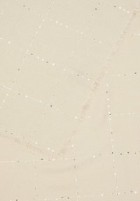 Beige stof met een ruitpatroon, versierd met kleine zilveren pailletten. De randen hebben een rafelige textuur voor extra detail.