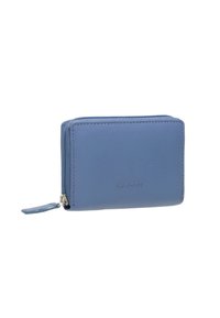 Portafoglio blu in pelle con chiusura a zip, superficie liscia, forma rettangolare e logo impresso sul davanti. Accentuato da un tirazip.