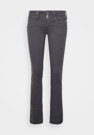 Slim-fit mørkegrå jeans med to forlommer, bæltestropper og dobbel-knap lukning.
