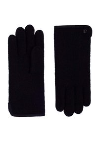 Zwarte handschoenen met een gestructureerde afwerking, voorzien van een soepele manchet, ontwerp met vijf vingers en een klein logo accent op de pols.