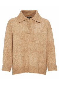 Beige gestrickter Pullover mit V-Ausschnitt, langen Ärmeln und umgeschlagenem Kragen. Der Stoff hat eine weiche, strukturierte Optik.