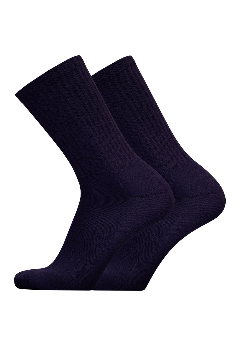 Navy blue cotton socks with ribbed texture, featuring a standard crew length and smooth toe seam for comfort and durability.