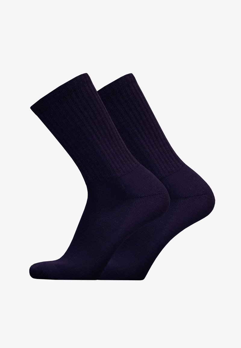 Navy blue cotton socks with ribbed texture, featuring a standard crew length and smooth toe seam for comfort and durability.