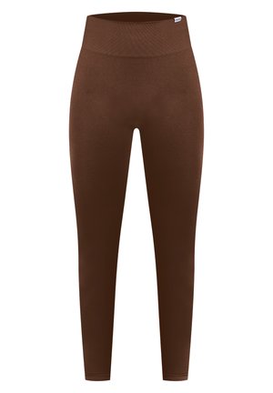 Bruine legging met een naadloze hoge tailleband, gemaakt van een gladde, rekbare stof. Het ontwerp is aansluitend van taille tot enkel.