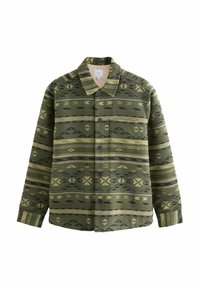Green patterned shirt made of fabric with a soft texture, featuring black and beige geometric designs, button front, and a chest pocket.