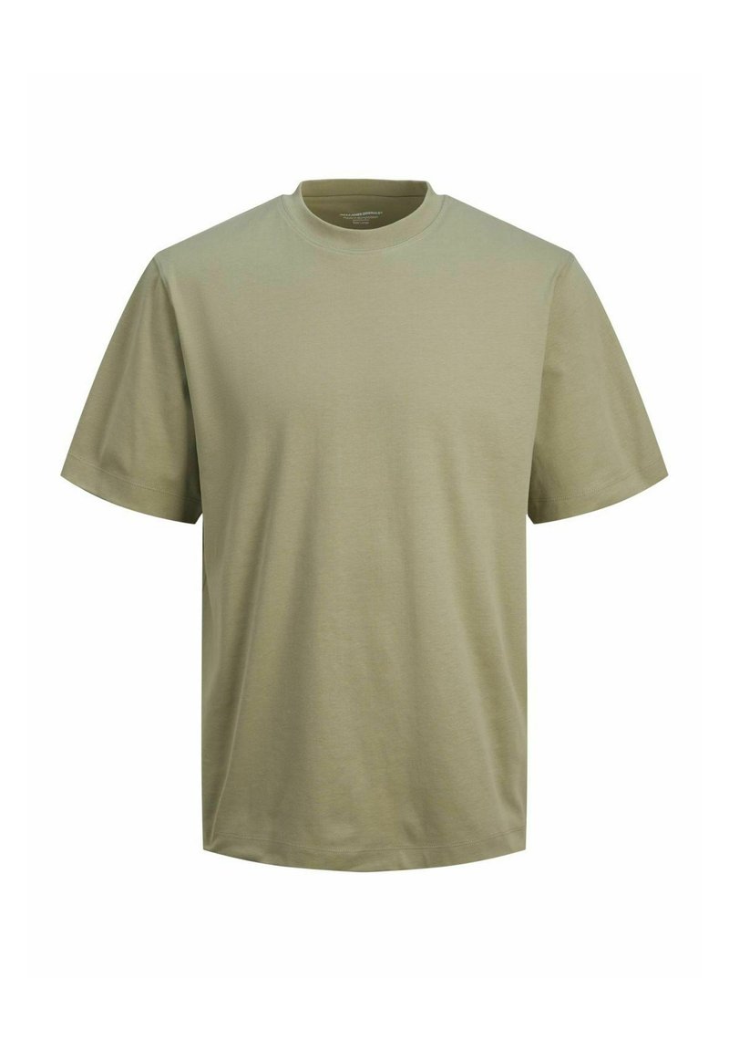 Camiseta de manga corta color verde oliva con cuello redondo, hecha de un suave material de algodón con una textura lisa y un corte relajado.