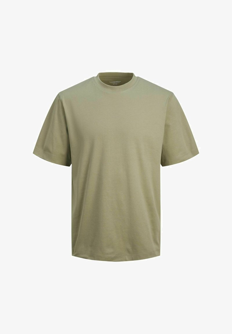 T-shirt verde oliva a maniche corte con scollatura a girocollo, realizzato in morbido cotone con una texture liscia e una vestibilità comoda.