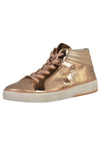 Sneaker alta in rosa oro metallico con una finitura liscia, lacci a contrasto e un pannello laterale testurizzato. Suola leggera per il massimo del comfort.