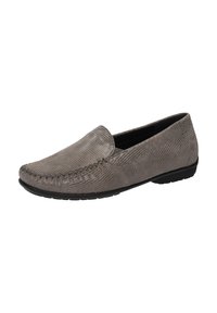 Grijze textuur slip-on loafer met ronde neus, gestikte details en zwarte zool, gefotografeerd tegen een witte achtergrond.