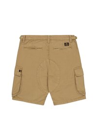 Pantaloni cargo beige con rinforzo ovale cucito, due tasche laterali e due tasche posteriori. Realizzati in tessuto leggero, vestibilità rilassata.