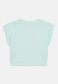 Ανοιχτό μέντας πράσινο κοντό μπλουζάκι με στρογγυλή λαιμόκοψη και κοντά μανίκια, κατασκευασμένο από απαλό ύφασμα με λεία υφή και χωρίς σχέδια.