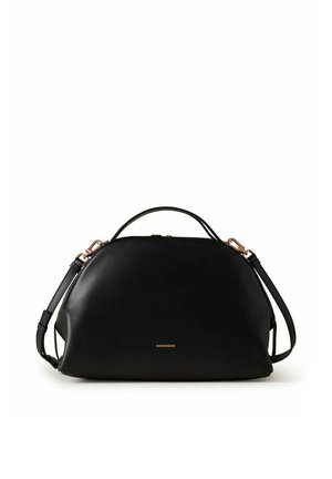 Sac à main en cuir noir de forme arrondie, poignée unique sur le dessus, bandoulière amovible et petit logo doré « Borbonese » sur le devant.