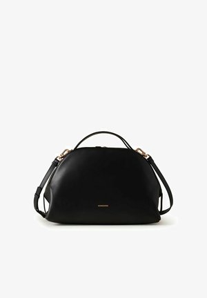 Sac à main en cuir noir de forme arrondie, poignée unique sur le dessus, bandoulière amovible et petit logo doré « Borbonese » sur le devant.