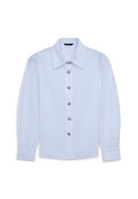 White long-sleeve blouse with puffed shoulders, large collar, and six decorative silver-tone buttons down the front.