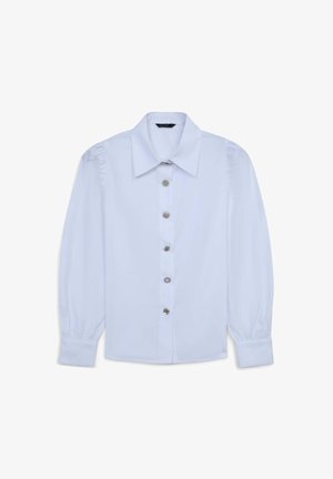 White long-sleeve blouse with puffed shoulders, large collar, and six decorative silver-tone buttons down the front.