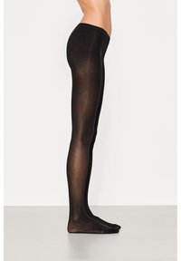 Des collants noirs transparents avec une texture lisse, une taille haute et un ajustement serré, présentant une couleur uniforme sur toute la section de la jambe.